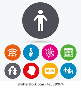 Wifi, like counter and calendar icons. Family lifetime icons. Couple love, pregnancy and birth of a child symbols. Human male person sign. Human talk, go to web.