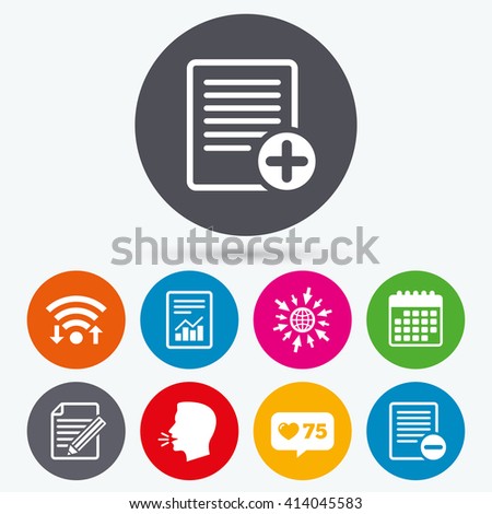 Wifi, like counter and calendar icons. File document icons. Document with chart or graph symbol. Edit content with pencil sign. Add file. Human talk, go to web.