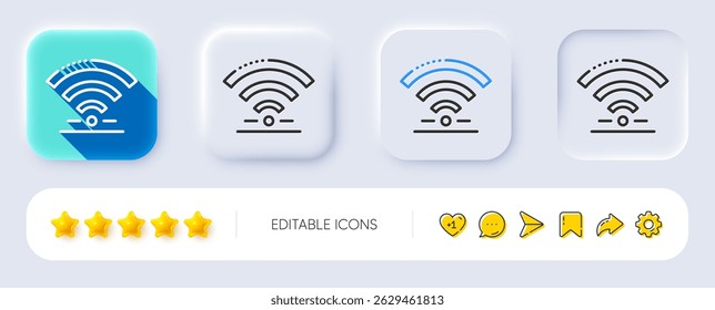 Icono de línea Wifi. Neumórfico, Sombra plana, Botones 3D. Señal de internet inalámbrica. Símbolo de servicio del hotel. Icono de línea wifi. Iconos de redes sociales. Vector