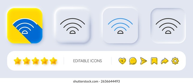 Wifi line icon. Neumorphic, Flat shadow, 3d buttons. Wi-fi internet sign. Wireless network symbol. Line wifi icon. Social media icons. Vector