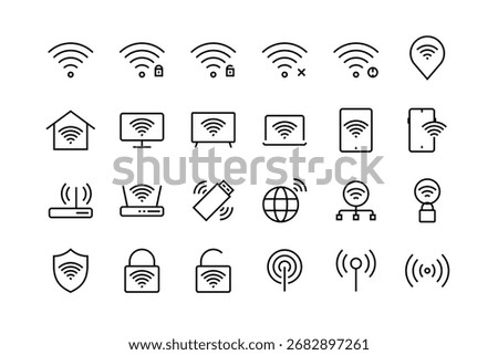 Wi-Fi line icon set with symbols of internet, router, hotspot, signal strength, mobile, laptop, tablet, TV, security lock, VPN, global connection and wireless network devices.