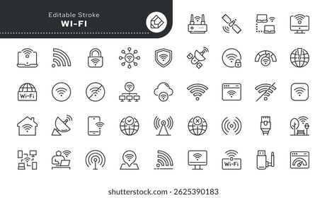 Conjunto de ícones da linha Wi-fi. Rede sem fio, online, offline, internet, sinal, conectar, hotspot e muito mais. Ícone de vetor de contorno em estilo linear. Série de pictogramas.	

