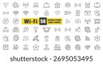 WiFi Line Icon Vector Set. A Collection Of 54 Editable Stroke Icons Depicting Wireless Signals, Routers, Connections, Passwords, And Networks. Perfect For Technology, Communication. Isolated Symbols.