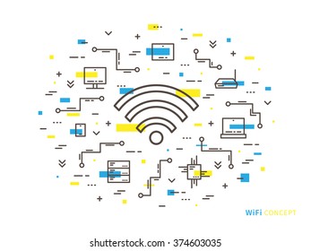Wifi linear vector illustration. Creative flat concept wifi, servers, laptop, computer, tablet, phone. Graphic design online free wi-fi.
