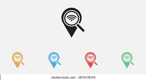 Wi-Fi location icon. Location, wi-fi and search icon. Vector illustration icon. Map pin pointer with wi fi symbol icon. Set of colorful flat design icons