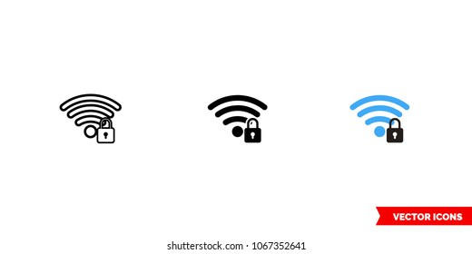 Wi-fi lock icon of 3 types: color, black and white, outline. Isolated vector sign symbol.