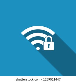 Wifi locked sign icon isolated with long shadow. Password Wi-fi symbol. Wireless Network icon. Wifi zone. Flat design. Vector Illustration