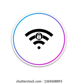 Wifi locked sign icon isolated on white background. Password Wi-fi symbol. Wireless Network icon. Wifi zone. Circle white button. Vector Illustration