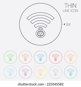 Wifi locked sign. Password Wi-fi symbol. Wireless Network icon. Wifi zone. Thin line circle web icons with outline. Vector