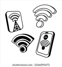 Wi-Fi logos, wireless network icons, black and white, minimalist design, simple shapes, connectivity symbols, technology pictograms, digital communication signs, signal indicators, monochrome graphics