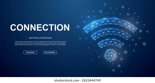 Símbolo de baixo poli Wi-Fi para página de aterrissagem azul. Conceito de ilustração de design de zona de Internet. Ilustração de wireframe da conexão