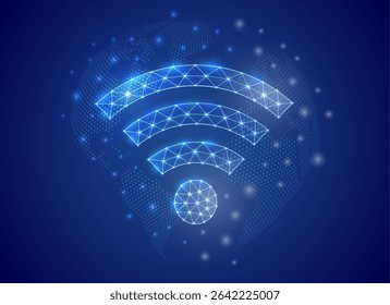 Símbolo de baixo poli Wi-Fi com plano de fundo do mapa mundial. Ilustração do design do conceito de zona de Internet. Símbolo poligonal de conexão