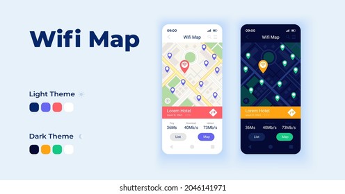 Wifi map cartoon smartphone interface vector templates set. Mobile app screen page day and dark mode design. Wi Fi hotspot world map UI for application. Phone display with flat character