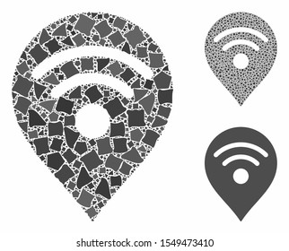 Wi-Fi map marker mosaic of rugged elements in variable sizes and color tones, based on Wi-Fi map marker icon. Vector inequal elements are combined into mosaic.