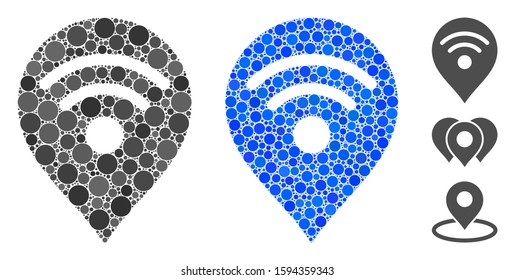 Wi-Fi map marker mosaic of small circles in different sizes and color tones, based on Wi-Fi map marker icon. Vector small circles are composed into blue mosaic.