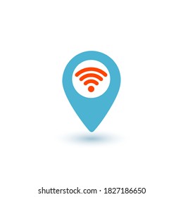 Wifi map pin point blue and red icon. Wifi map point sign, hotspot, free wifi place. Stock vector illustration isolated on white background.