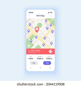 Wifi map smartphone interface vector template. Mobile app page design layout. Interner acess point around world. Wi Fi connection zone screen. Flat UI for application. Phone display