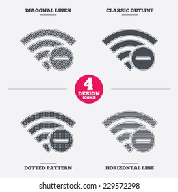 Wifi minus sign. Delete Wi-fi symbol. Wireless Network icon. Wifi zone. Diagonal and horizontal lines, classic outline, dotted texture. Pattern design icons.  Vector