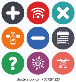 Wifi, mobile payments and drones icons. Plus and minus icons. Delete and question FAQ mark signs. Enlarge zoom symbol. Calendar symbol.