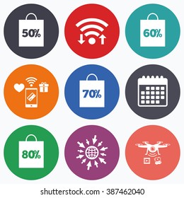 Wifi, mobile payments and drones icons. Sale bag tag icons. Discount special offer symbols. 50%, 60%, 70% and 80% percent discount signs. Calendar symbol.