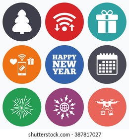 Wifi, mobile payments and drones icons. Happy new year icon. Christmas tree and gift box signs. Fireworks explosive symbol. Calendar symbol.
