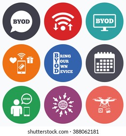 Wifi, mobile payments and drones icons. BYOD icons. Human with notebook and smartphone signs. Speech bubble symbol. Calendar symbol.