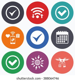 Wifi, mobile payments and drones icons. Check icons. Checkbox confirm circle sign symbols. Calendar symbol.