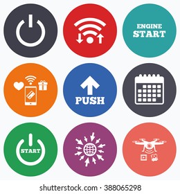 Wifi, mobile payments and drones icons. Power icons. Start engine symbol. Push or Press arrow sign. Calendar symbol.
