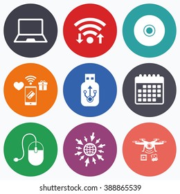 Wifi, mobile payments and drones icons. Notebook pc and Usb flash drive stick icons. Computer mouse and CD or DVD sign symbols. Calendar symbol.
