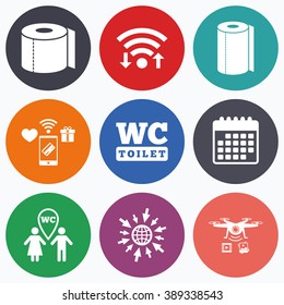 Wifi, mobile payments and drones icons. Toilet paper icons. Gents and ladies room signs. Paper towel or kitchen roll. Man and woman symbols. Calendar symbol.