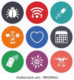 Wifi, mobile payments and drones icons. Bug and vaccine syringe injection icons. Heart and spray can sign symbols. Calendar symbol.