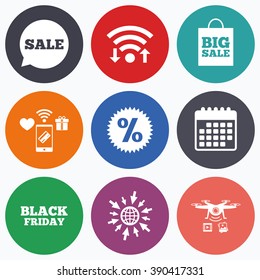 Wifi, mobile payments and drones icons. Sale speech bubble icon. Discount star symbol. Black friday sign. Big sale shopping bag. Calendar symbol.