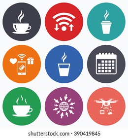 Wifi, mobile payments and drones icons. Coffee cup icon. Hot drinks glasses symbols. Take away or take-out tea beverage signs. Calendar symbol.