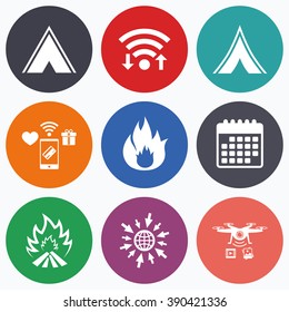 Wifi, mobile payments and drones icons. Tourist camping tent icons. Fire flame sign symbols. Calendar symbol.