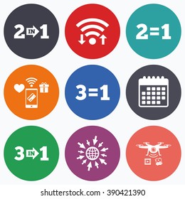 Wifi, mobile payments and drones icons. Special offer icons. Take two pay for one sign symbols. Profit at saving. Calendar symbol.