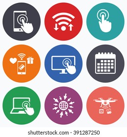 Wifi, mobile payments and drones icons. Touch screen smartphone icons. Hand pointer symbols. Notebook or Laptop pc sign. Calendar symbol.