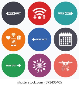 Wifi, mobile payments and drones icons. Way out icons. Left and right arrows symbols. Direction signs in the subway. Calendar symbol.