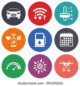 Wifi, mobile payments and drones icons. Transport icons. Car tachometer and automatic transmission symbols. Petrol or Gas station sign. Calendar symbol.