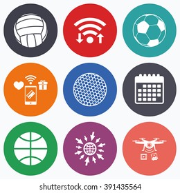 Wifi, mobile payments and drones icons. Sport balls icons. Volleyball, Basketball, Soccer and Golf signs. Team sport games. Calendar symbol.