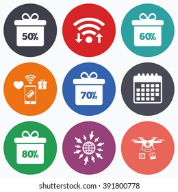 Wifi, mobile payments and drones icons. Sale gift box tag icons. Discount special offer symbols. 50%, 60%, 70% and 80% percent discount signs. Calendar symbol.