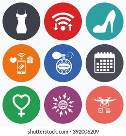 Wifi, mobile payments and drones icons. Women dress icon. Sexy shoe sign. Perfume glamour fragrance symbol. Calendar symbol.