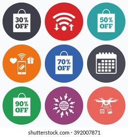 Wifi, mobile payments and drones icons. Sale bag tag icons. Discount special offer symbols. 30%, 50%, 70% and 90% percent off signs. Calendar symbol.