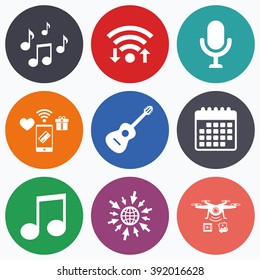Wifi, mobile payments and drones icons. Music icons. Microphone karaoke symbol. Music notes and acoustic guitar signs. Calendar symbol.