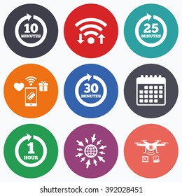 Wifi, mobile payments and drones icons. Every 10, 25, 30 minutes and 1 hour icons. Full rotation arrow symbols. Iterative process signs. Calendar symbol.