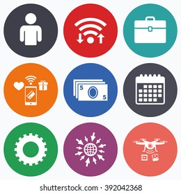 Wifi, mobile payments and drones icons. Businessman icons. Human silhouette and cash money signs. Case and gear symbols. Calendar symbol.