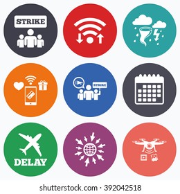 Wifi, mobile payments and drones icons. Strike icon. Storm bad weather and group of people signs. Delayed flight symbol. Calendar symbol.