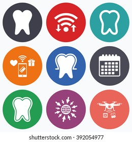 Wifi, mobile payments and drones icons. Tooth enamel protection icons. Dental care signs. Healthy teeth symbols. Calendar symbol.