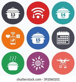 Wifi, mobile payments and drones icons. Cooking pan icons. Boil 13, 14 and 15 minutes signs. Stew food symbol. Calendar symbol.