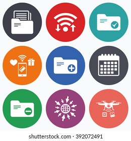 Wifi, mobile payments and drones icons. Accounting binders icons. Add or remove document folder symbol. Bookkeeping management with checkbox. Calendar symbol.