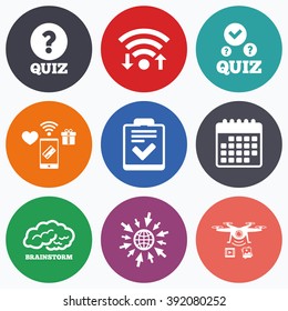 Wifi, mobile payments and drones icons. Quiz icons. Human brain think. Checklist with check mark symbol. Survey poll or questionnaire feedback form sign. Calendar symbol.